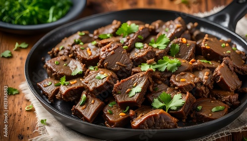 Fried lamb liver or kaleji masala, on a frying pan, a popular non-vegetarian recipe. Serve dry or with curry in a bowl, curry plate or plate

