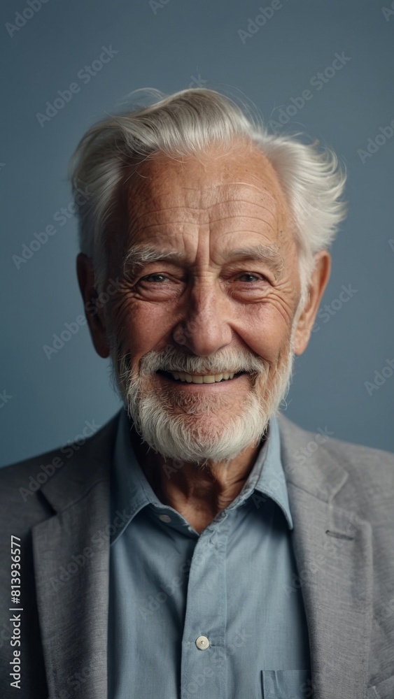 Obraz premium The gray-haired elderly man smiles happily. Indigo background.