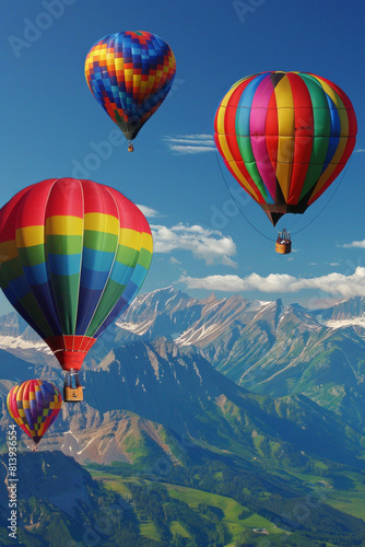 A breathtaking sight of vibrant hot air balloons drifting gracefully over a majestic mountain range  against a backdrop of clear blue skies  symbolizing adventure  and exploration