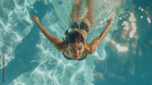 Stylish Women Swimming in Pool. Professional Athlete Jumping into Water. Athlete Determinated to Win Championship. Fashionable Colors, Blurry Top Down View. photo