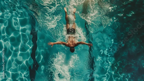 The Aerial Top View shows the male swimmer jumping into the swimming pool and creating a big splash. The view is from the top down.