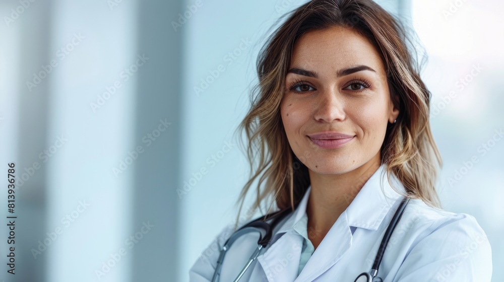 Portrait of smiling female doctor with stethoscope at hospital. Medical horizontal banner with copy space for text Portrait of smiling female doctor with stethoscope at hospital. Medical horizontal banner with copy space for text