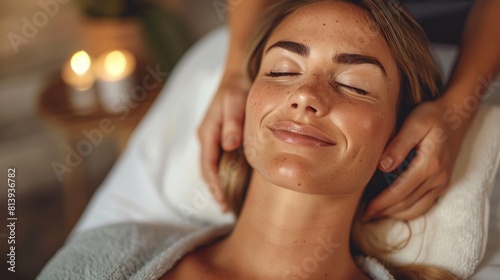 Beautiful young woman smiling and enjoying facial massage in spa salon. Beauty treatment concept. Copy space for text photo