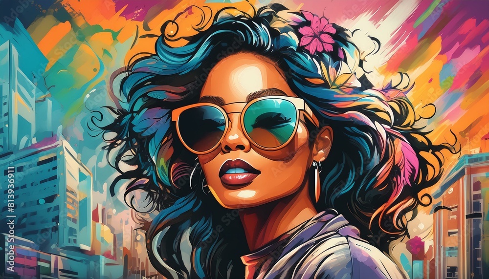 Stylish street graffiti with the face of a woman in sun glass esfemme, visage, art, beauté, mode, masque, cheveux Stylish street graffiti with the face of a woman in sun glass esfemme, visage, art, beauté, mode, masque, cheveux