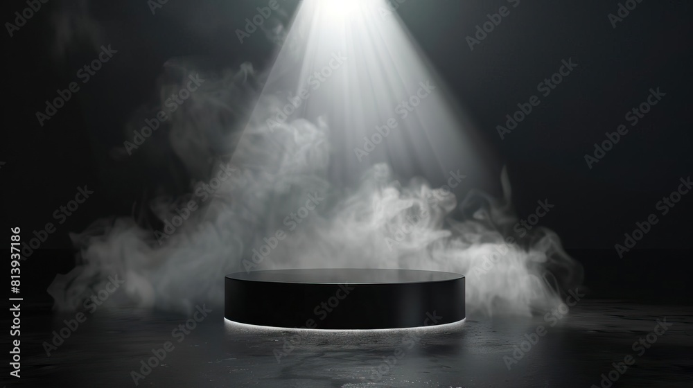 A sleek black podium rising from a mist of dark smoke A sleek black podium rising from a mist of dark smoke