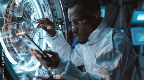 An industrial engineer is working on the construction of artificial satellites within the Aerospace Agency. African American inventor uses a tablet computer to work on spacecraft for exploration and