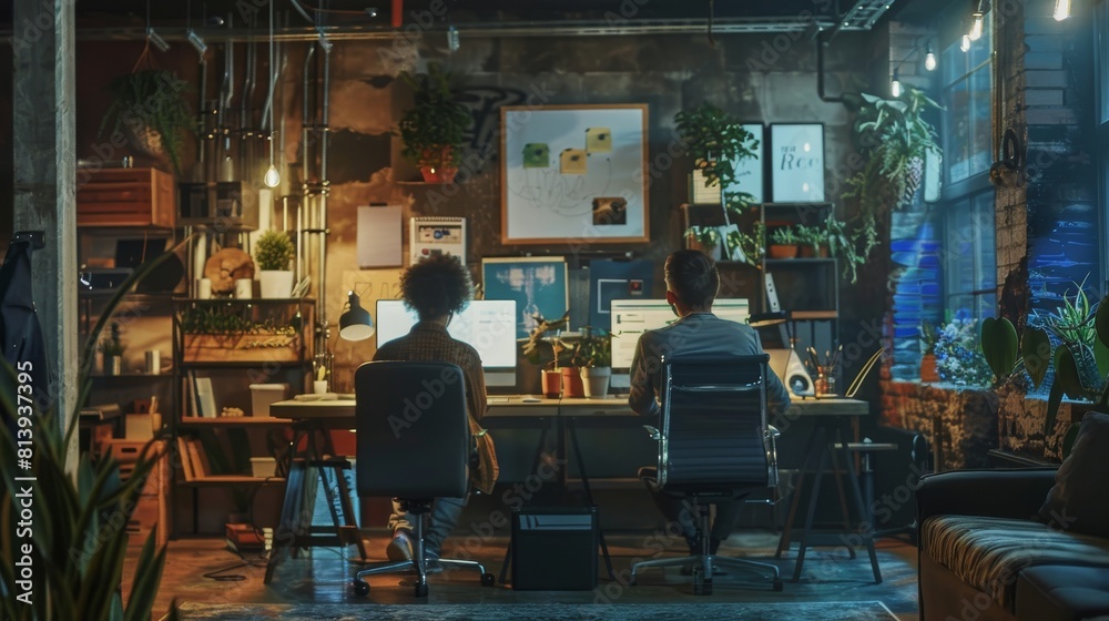 Two Stylish Employees Working on Computers at a Loft Office. Location in Evening with Plants and Artistic Posters. Two Stylish Employees Working on Computers at a Loft Office. Location in Evening with Plants and Artistic Posters.