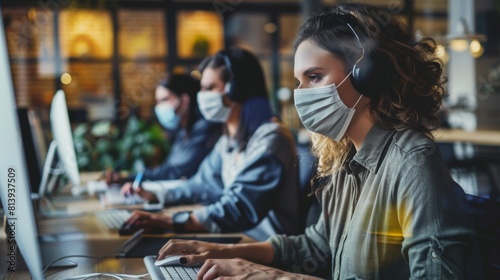 A pair of stylish employees wear protective face masks while working in a loft office, answering emails and managing marketing projects. Pandemic Covid-19 concept. photo