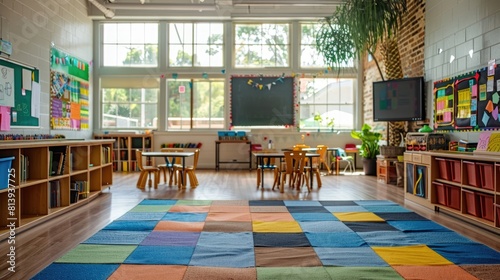 Fototapeta Naklejka Na Ścianę i Meble -  Bright school or kindergarten classroom with square colorful carpet and blackboard on the wall near a sunny window. Cheerful learning space for children, perfect for back-to-school or education themes