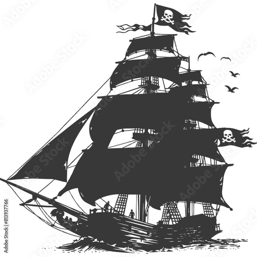 Silhouette Pirate Ship have Pirate flag with a skull and crossbones black color only