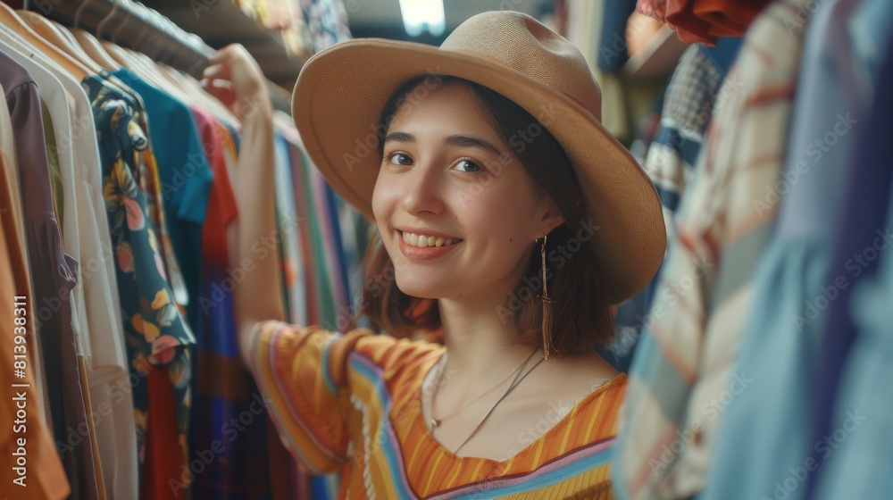 Stylish woman shopping in a clothing store, picking out dresses and blouses. Fashionable Shop, Colorful Brand, Sustainable Designs, New Seasonal Collections. People in Fashionable Shop, Colorful Stylish woman shopping in a clothing store, picking out dresses and blouses. Fashionable Shop, Colorful Brand, Sustainable Designs, New Seasonal Collections. People in Fashionable Shop, Colorful