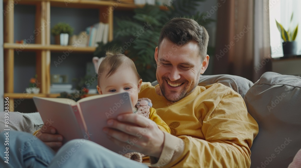 Happy father relax and read book with baby time together at home. parent sit on sofa with daughter and reading a story. learn development, childcare, laughing, education, storytelling, practice. Happy father relax and read book with baby time together at home. parent sit on sofa with daughter and reading a story. learn development, childcare, laughing, education, storytelling, practice.