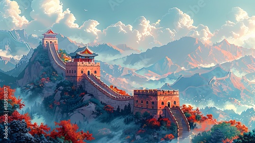 Design an illustration showcasing the majestic beauty and historical significance of the Great Wall of China stretching across rugged landscapes and symbolizing centuries of defense and cultural excha photo