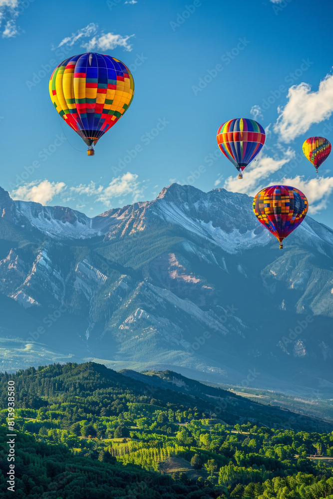Naklejka premium A breathtaking sight of vibrant hot air balloons drifting gracefully over a majestic mountain range, against a backdrop of clear blue skies, symbolizing adventure, and exploration