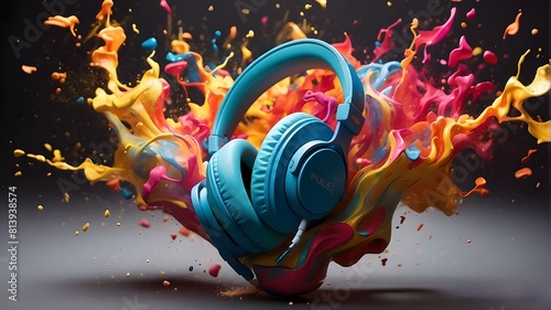 With loud music sound, pulse, rhythms, and flow, stereo headphones explode in multicolored splashes, flames, and smoke, ready for a party.