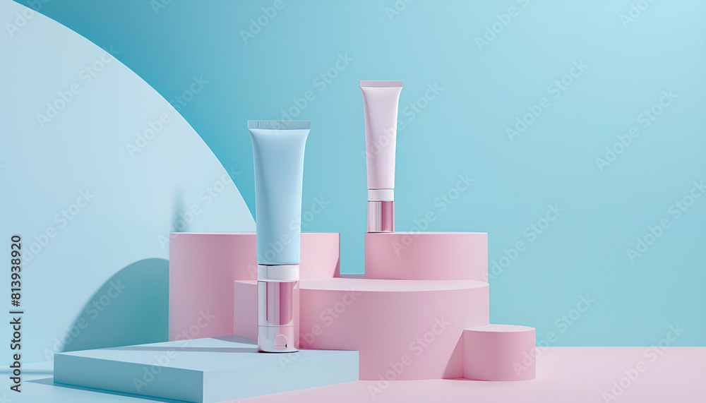 Three cosmetic product mockups on geometric podiums. Background for presentation of cosmetic