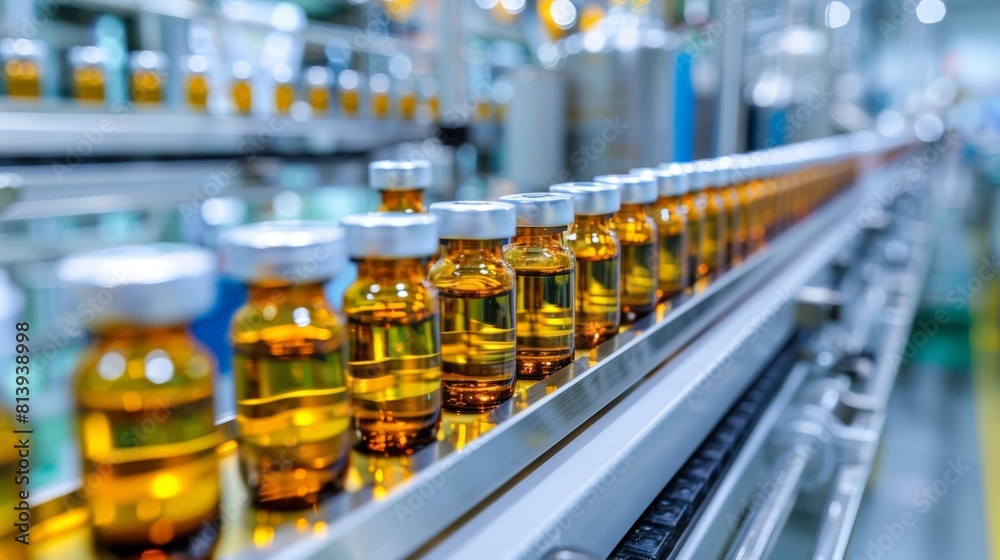 Medical vials on production line at pharmaceutical factory, Pharmaceutical machine working pharmaceutical glass bottles production line, health care, pandemic