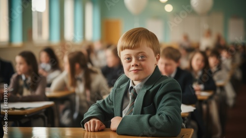Portrait of a schoolboy with Down syndrome in a green jacket and tie, sitting at a desk in a classroom and looking at the camera. Blurred students in the background. Inclusive education concept.





