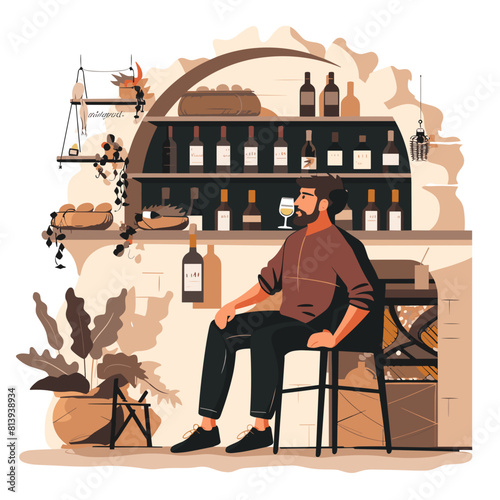 Man drinking wine at wine cellar 2d vector illustration concept for banner, website, illustration, landing page, vector graphic