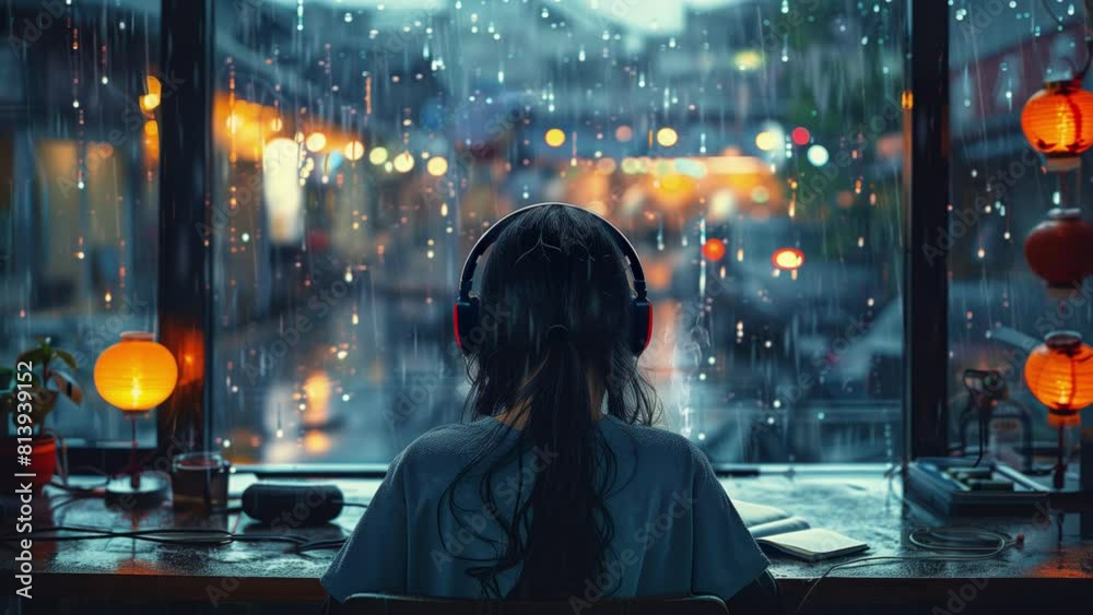 Lofi Girl Video Background, lo-fi girl relaxing music video, seamless loop, rain