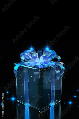 A luminous gift box with a blue bow and ribbon sparkles on a black background. Magic gift box with lights. Sale. Black Friday. Christmas. Vertical illustration with copy space. © Наталья Зюбр