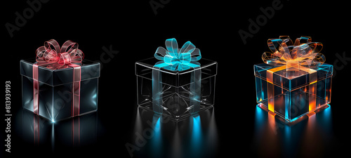 Three glowing gift boxes with multi-colored bows and ribbons on a black background. Set of luminous Christmas gifts. Sale. Black Friday. Christmas. © Наталья Зюбр