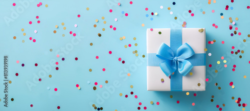 White gift with a blue bow and confetti on a blue background, top view. Flat layout. Holiday banner with copy space. © Наталья Зюбр