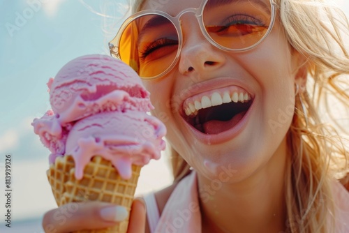 A woman holding an ice cream cone with sunglasses on a sunny day. Perfect for summer concepts