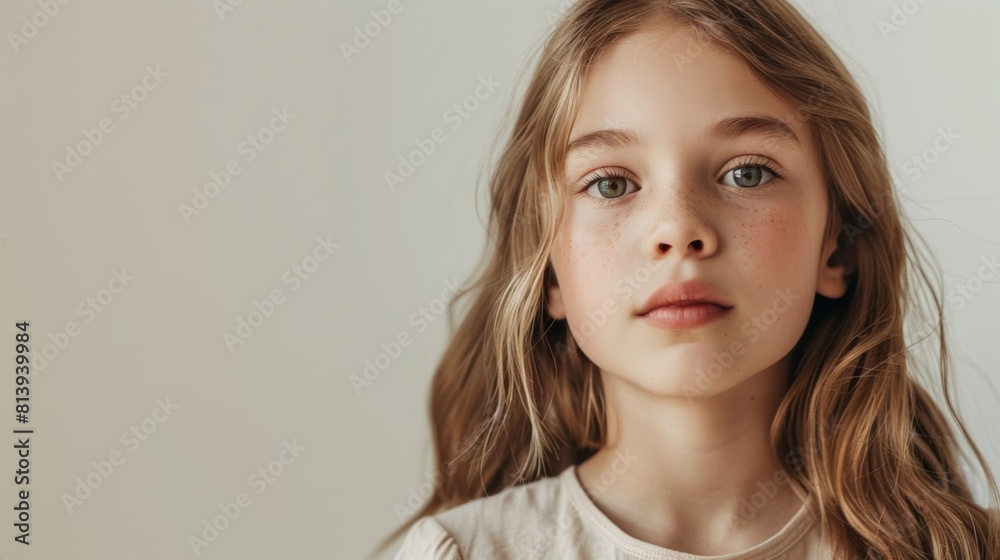 portrait of a beautiful young caucasian white American model teen girl looking forward. child ad with copy space, children, beauty, pretty portrait of a beautiful young caucasian white American model teen girl looking forward. child ad with copy space, children, beauty, pretty