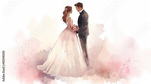 bride and groom on light background with copy space