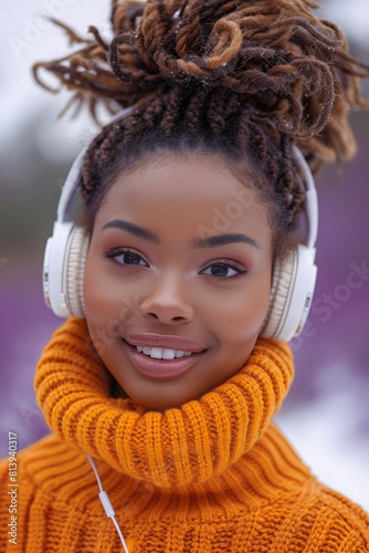 Young woman enjoying music outdoors on a snowy day wearing a cozy sweater