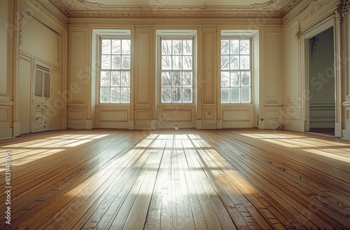 Spacious room with wooden floors and windows