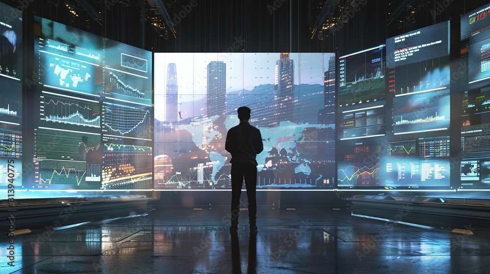Man Surrounded by Screens Showing Stock Market Graphs AI