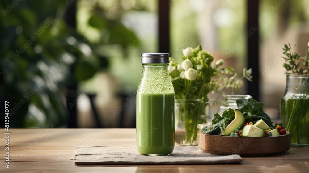 Obraz premium Healthy green smoothie mockup in a glass bottle with a plate of fruits and vegetables ingredients and a vase of flowers on a wooden table in a light kitchen
