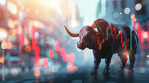 Bull with bullish stock market background bull market concept