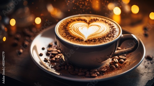 cup of cappuccino with a heart shape drawn on it and coffee beans in a saucer on a wooden brown table with a background with bokeh