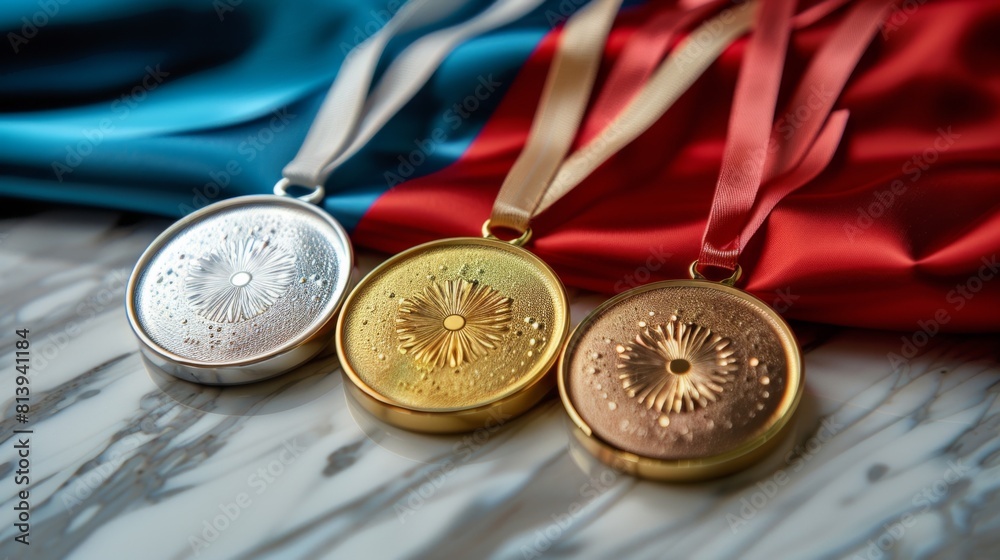 Three medals lying on a surface with ribbons, representing achievement and sporting excellence. Three medals lying on a surface with ribbons, representing achievement and sporting excellence.