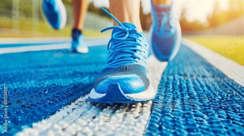 Close-up of a runner's blue sneakers on a tartan track, capturing the motion of running.