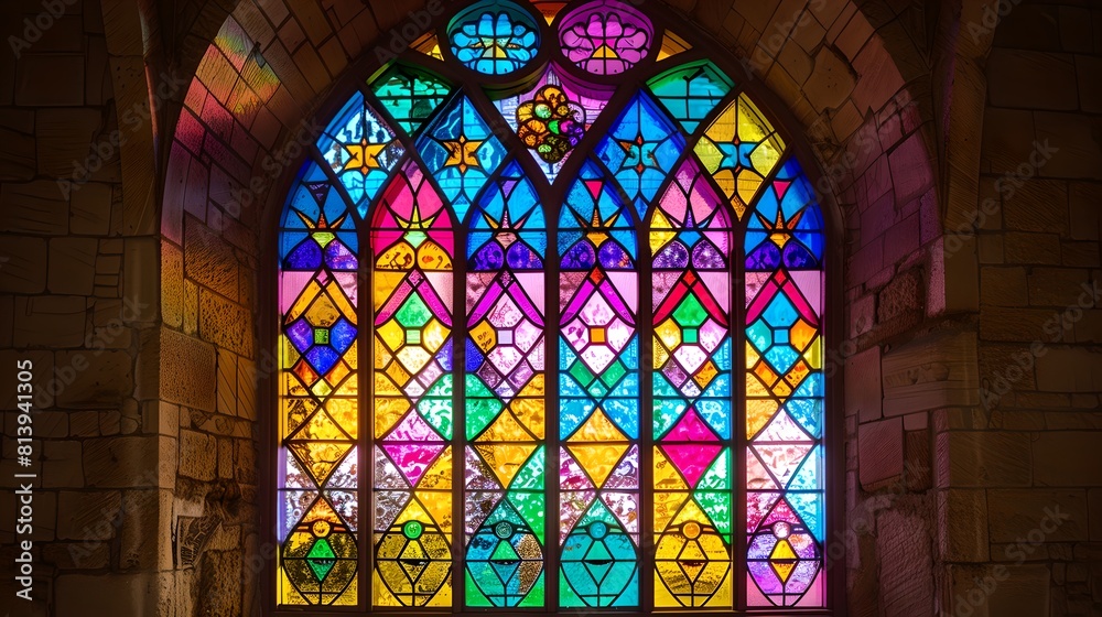Vibrant stained glass window in a serene chapel. Light filtering through colorful patterns. A depiction of peace and spirituality in art. AI Vibrant stained glass window in a serene chapel. Light filtering through colorful patterns. A depiction of peace and spirituality in art. AI