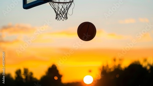 A basketball mid-air approaching the hoop during sunset with vibrant orange sky in the background.