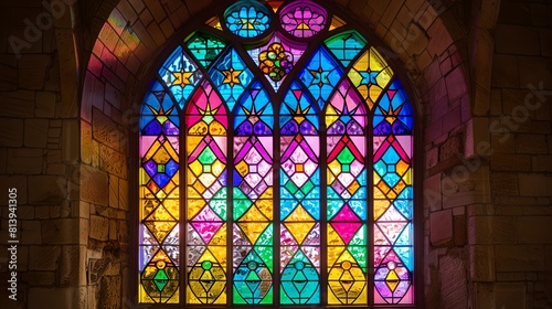 Vibrant stained glass window in a serene chapel. Light filtering through colorful patterns. A depiction of peace and spirituality in art. AI