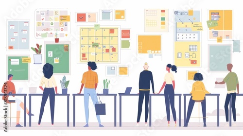 A man and a woman planning their daily schedules with a calendar  organizer  and checklist. Business management  work organization  agenda. Modern illustration of men and women with task boards.