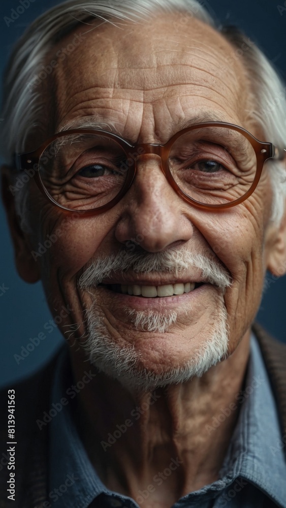 The gray-haired elderly man smiles happily. Indigo background. The gray-haired elderly man smiles happily. Indigo background.