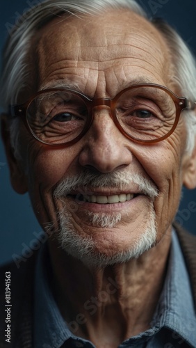 The gray-haired elderly man smiles happily. Indigo background.