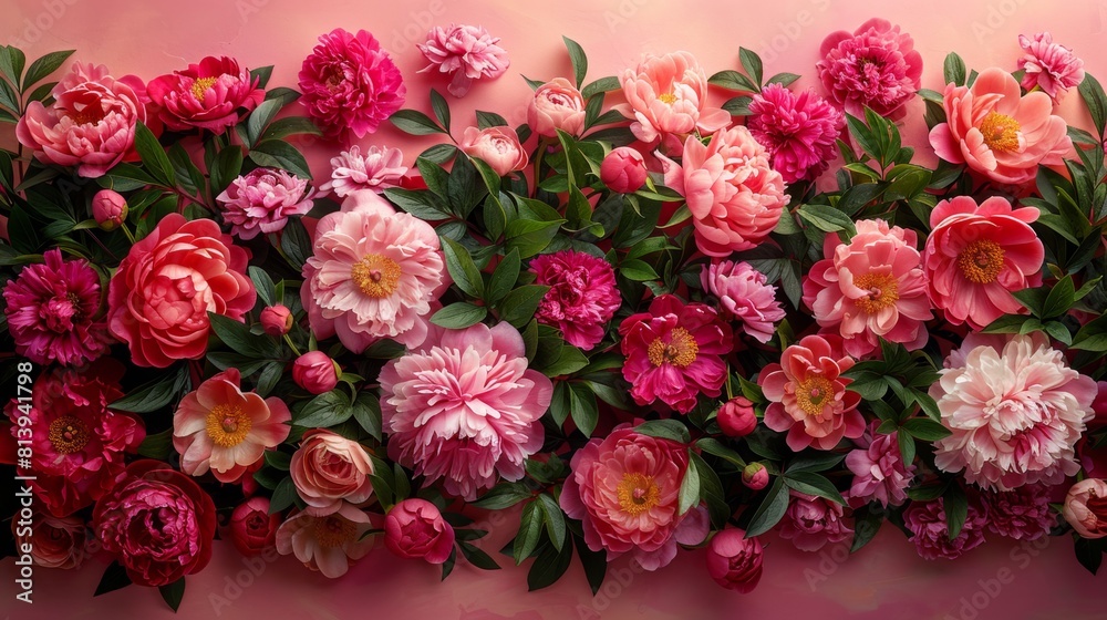 Naklejka premium Frame made of beautiful peonies flowers on pink background. Flat lay, copy space, summer flowers,Vibrant Peony Blossoms in Pink Frame. Floral Beauty for Festive Occasions and Wall Decor. 4K Wallpaper.
