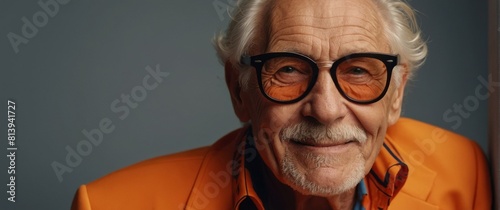 Gray-haired elderly man in stylish club clothes on a black background.