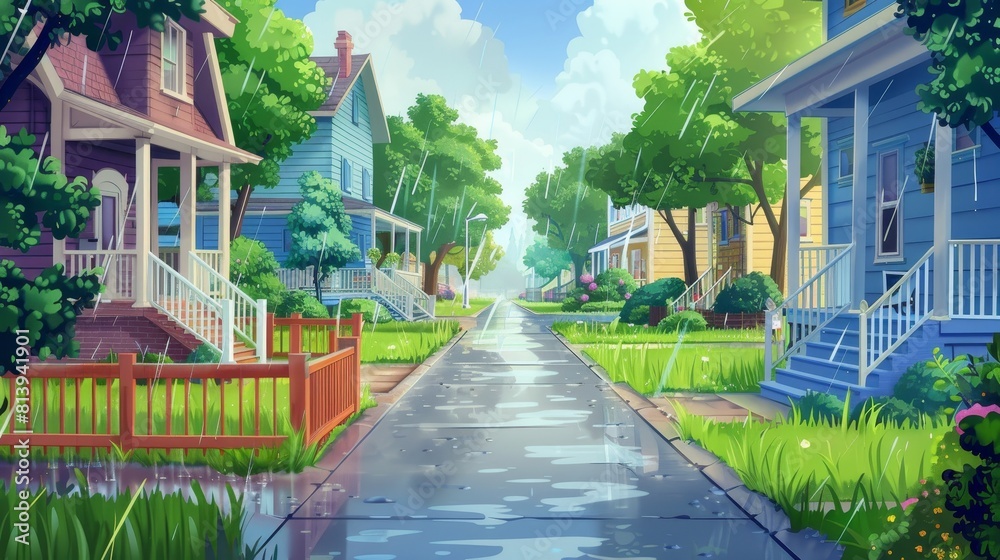 A rainy suburban street with houses, a road, and a wooden terrace. Modern cartoon illustration of a summer village with cottages, green grass, trees, and an enclosed porch with stairs and fence. A rainy suburban street with houses, a road, and a wooden terrace. Modern cartoon illustration of a summer village with cottages, green grass, trees, and an enclosed porch with stairs and fence.