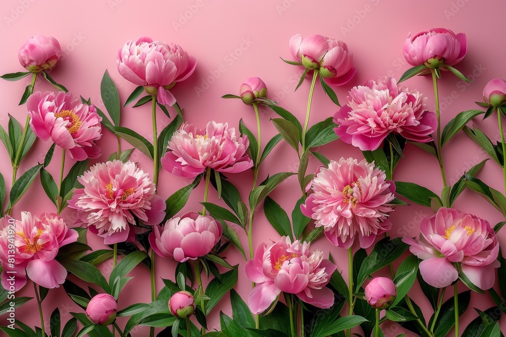 Obraz premium Frame made of beautiful peonies flowers on pink background. Flat lay, copy space, summer flowers,Vibrant Peony Blossoms in Pink Frame. Floral Beauty for Festive Occasions and Wall Decor. 4K Wallpaper.