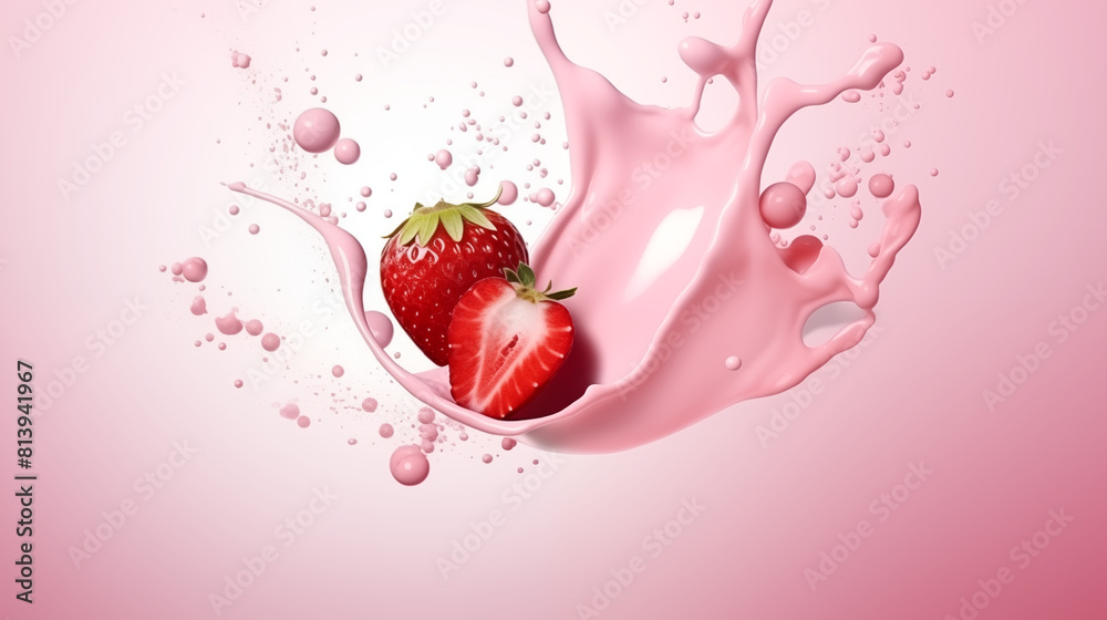 Strawberry Half Dropping into Milk with Pink Background