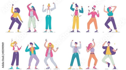 People in trendy clothes dance  pose and laugh. Millenial hipster adults and teenagers. Line art cartoon modern illustration.